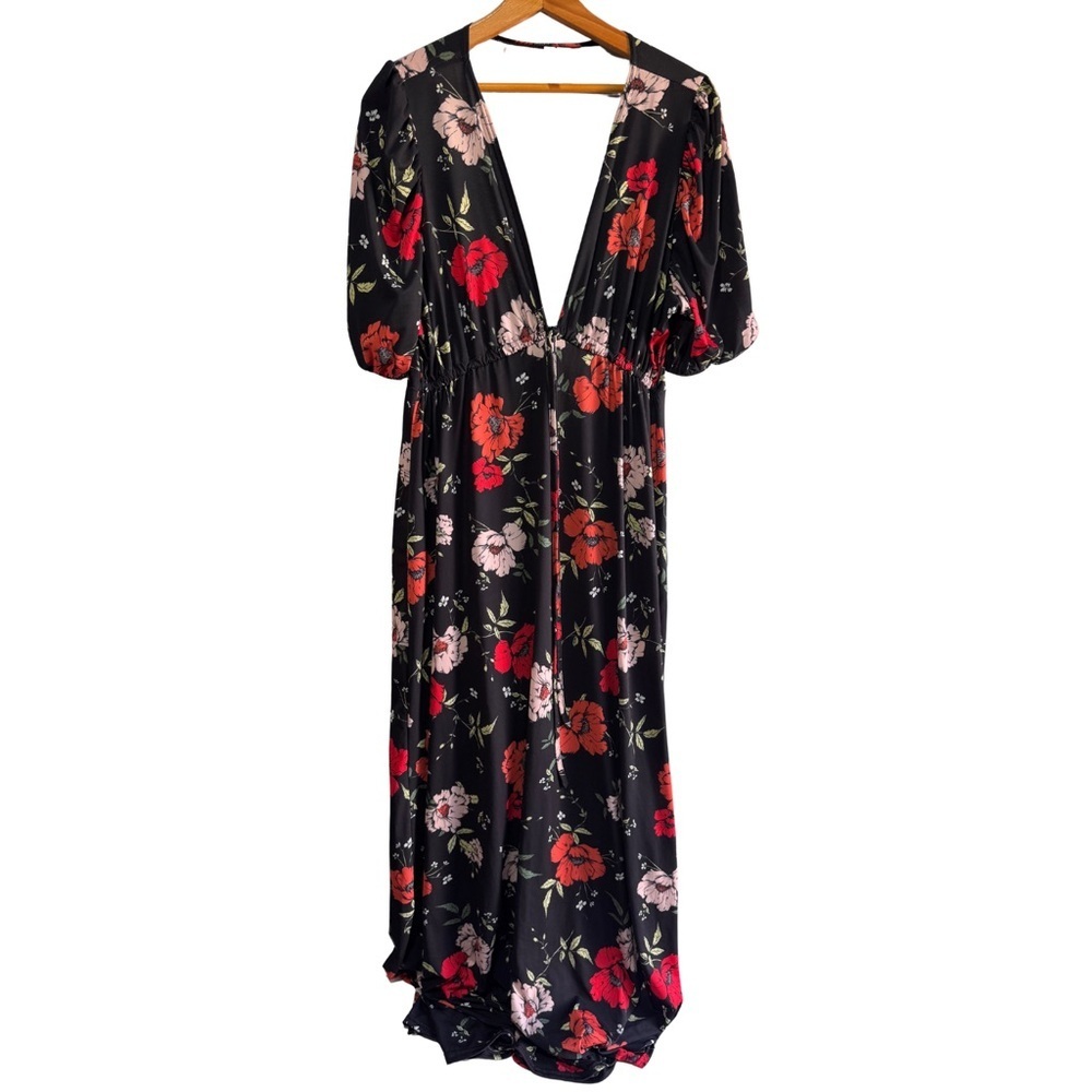 ASOS // black, red floral print deep v neckline maxi dress size 10 aug1